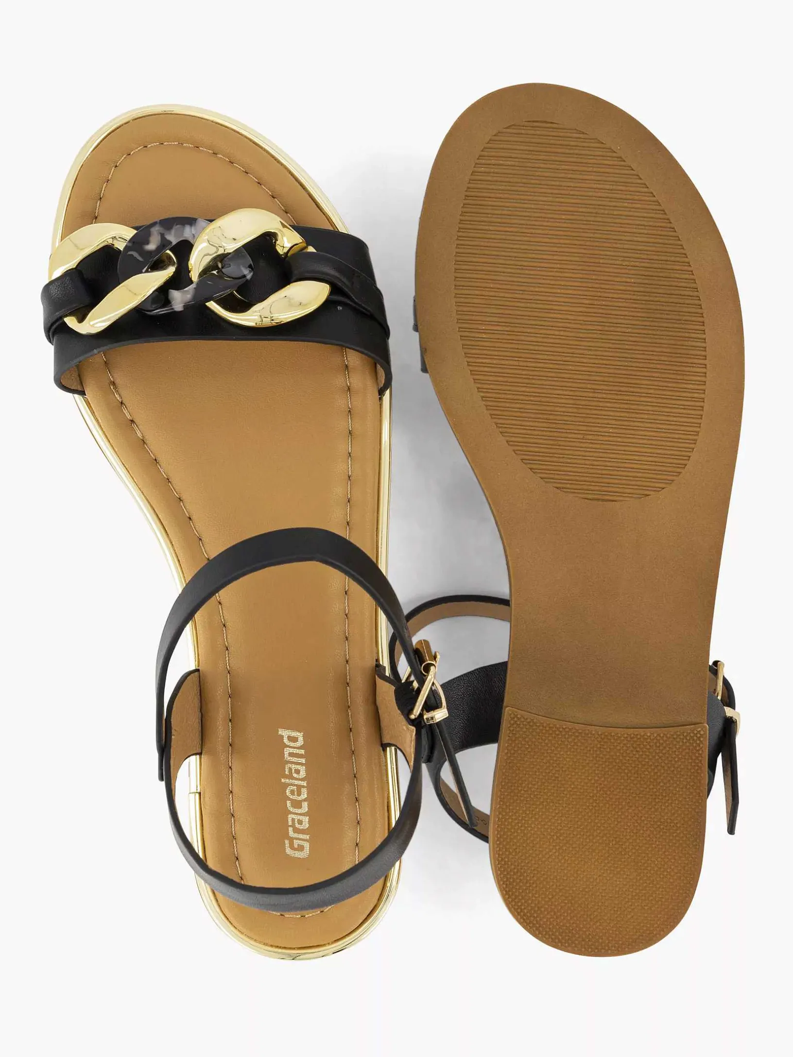 zwarte_sandaal_sierkettin_1.webp Dames Graceland Zwarte Sandaal Sierketting